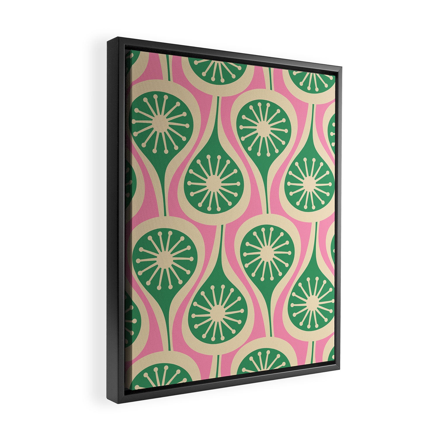 Mid Century Modern Atomic Drops Retro Pattern Pink and Green Framed Canvas Print Gallery Image 2