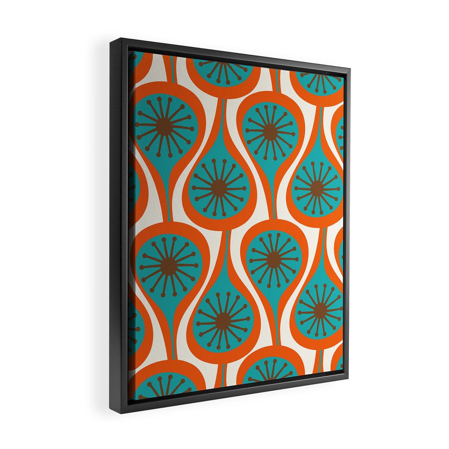 Mid Century Modern Atomic Drops Retro Pattern Turquoise Orange Brown Cream Framed Canvas Print Gallery Image 2