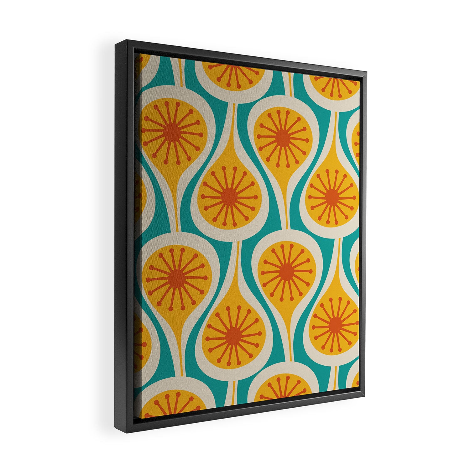 Mid Century Modern Atomic Drops Retro Pattern Turquoise Yellow Orange Framed Canvas Print Gallery Image 2