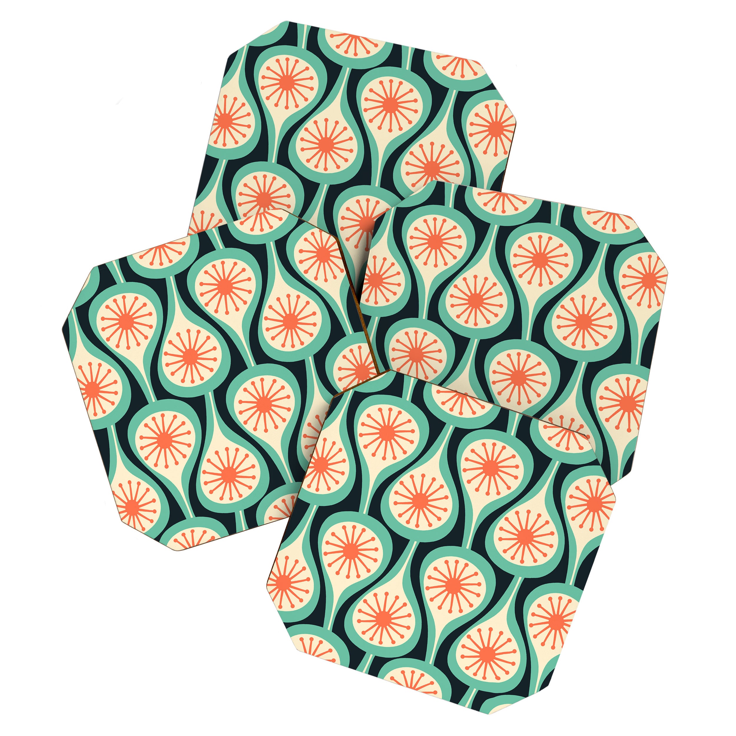 Mid Century Modern Atomic Drops Teal Orange Black Pattern Coaster Gallery Image 1
