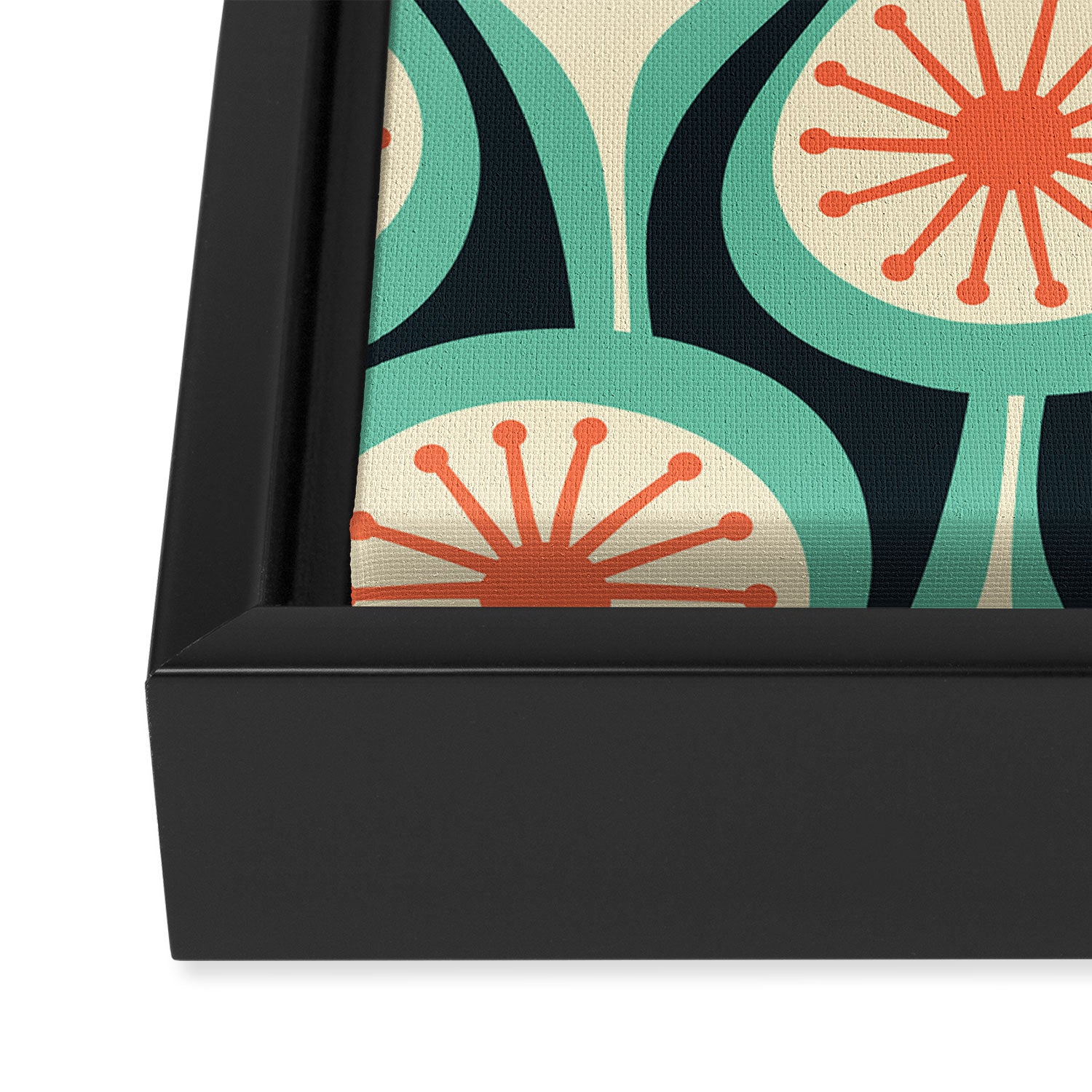 Mid Century Modern Atomic Drops Teal Orange Black Pattern Framed Canvas Print Gallery Image 3