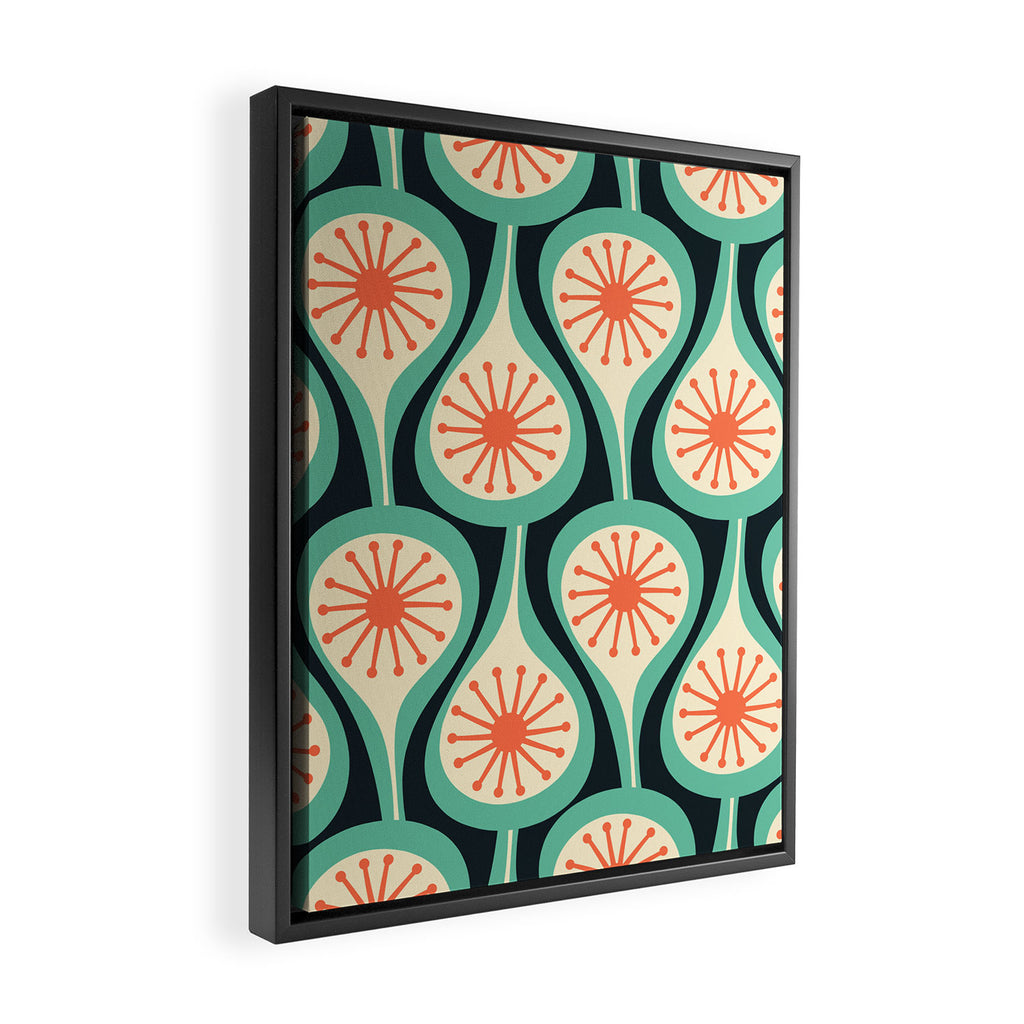 Mid Century Modern Atomic Drops Teal Orange Black Pattern Framed Canvas Print Gallery Image 2