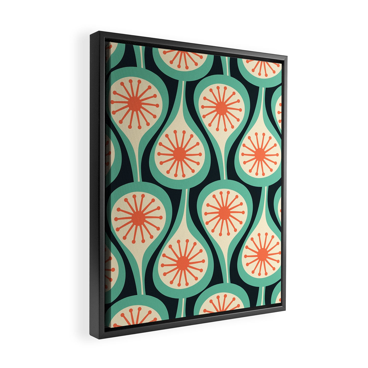 Mid Century Modern Atomic Drops Teal Orange Black Pattern Framed Canvas Print Gallery Image 2