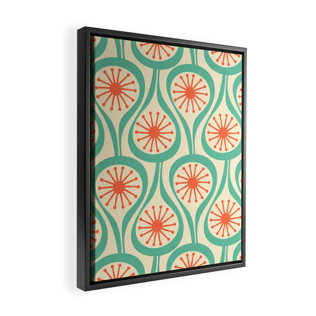 Mid Century Modern Atomic Drops Teal Orange Pattern Framed Canvas Print Gallery Image 2