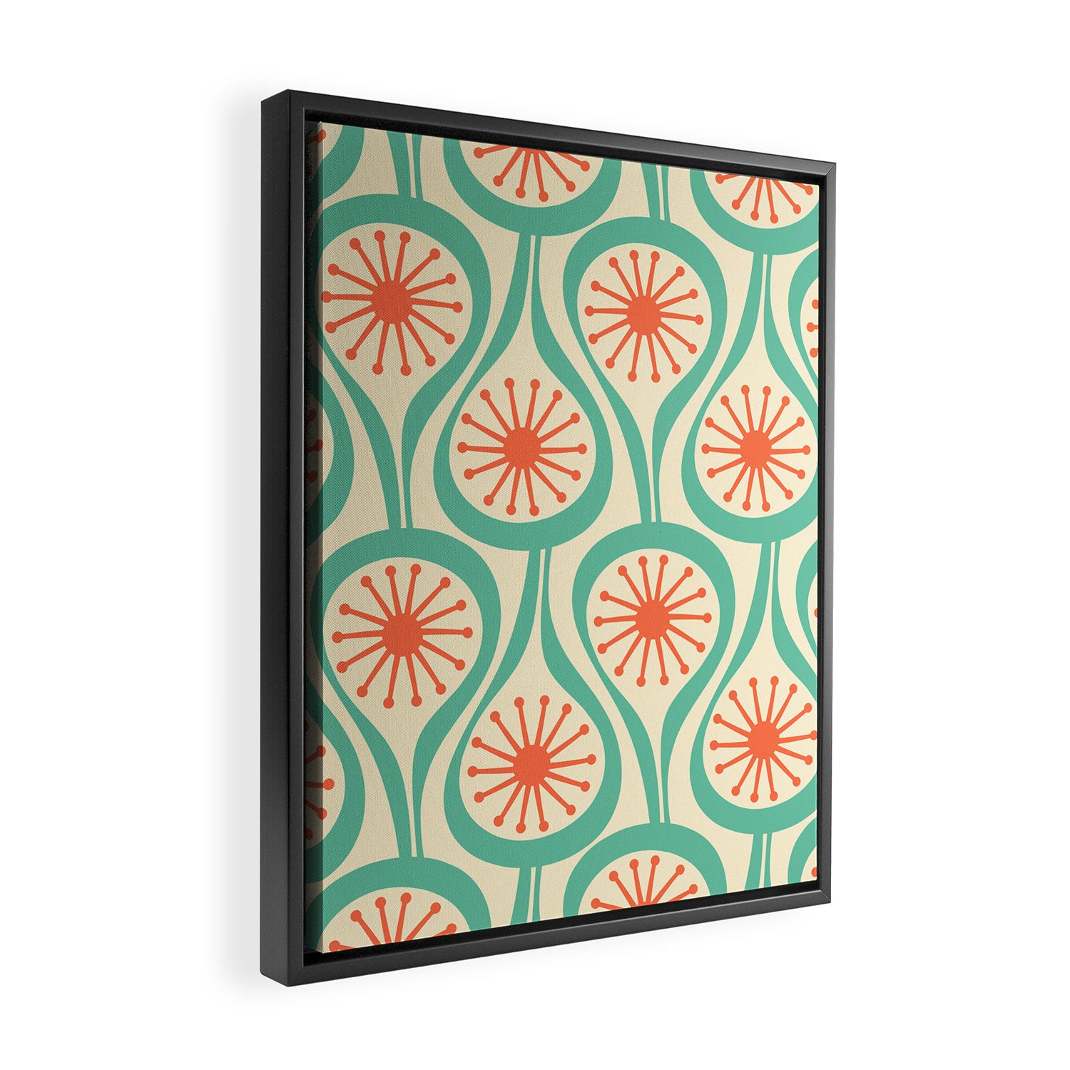 Mid Century Modern Atomic Drops Teal Orange Pattern Framed Canvas Print Gallery Image 2