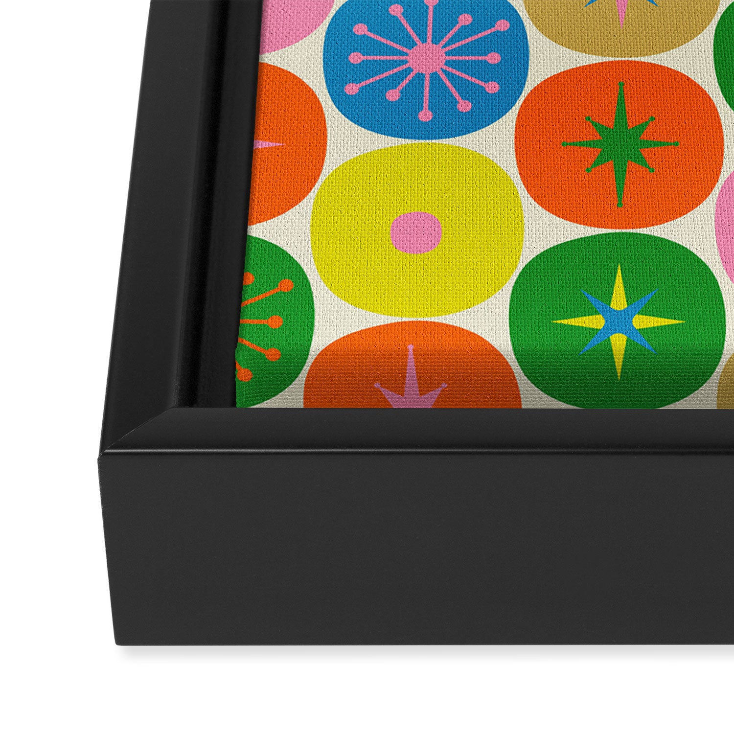 Mid Century Modern Atomic Future Colorful Dots and Stars Pattern Framed Canvas Print Gallery Image 3
