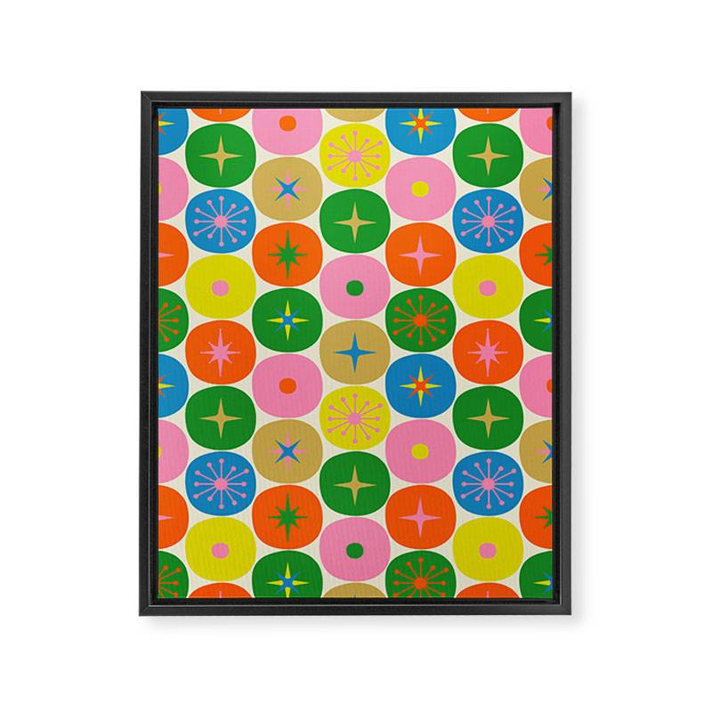 Mid Century Modern Atomic Future Colorful Dots and Stars Pattern Framed Canvas Print Gallery Image 8