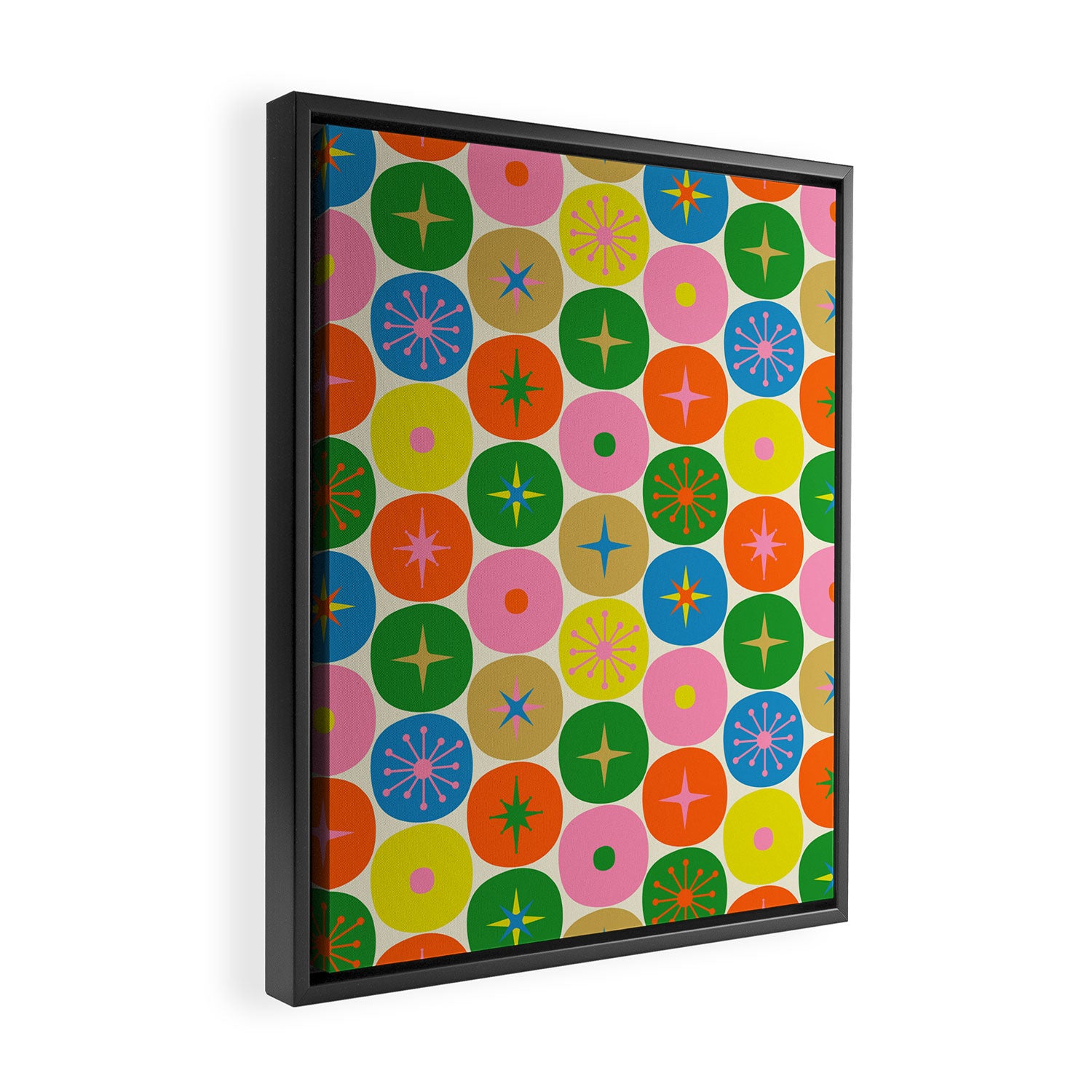 Mid Century Modern Atomic Future Colorful Dots and Stars Pattern Framed Canvas Print Gallery Image 2