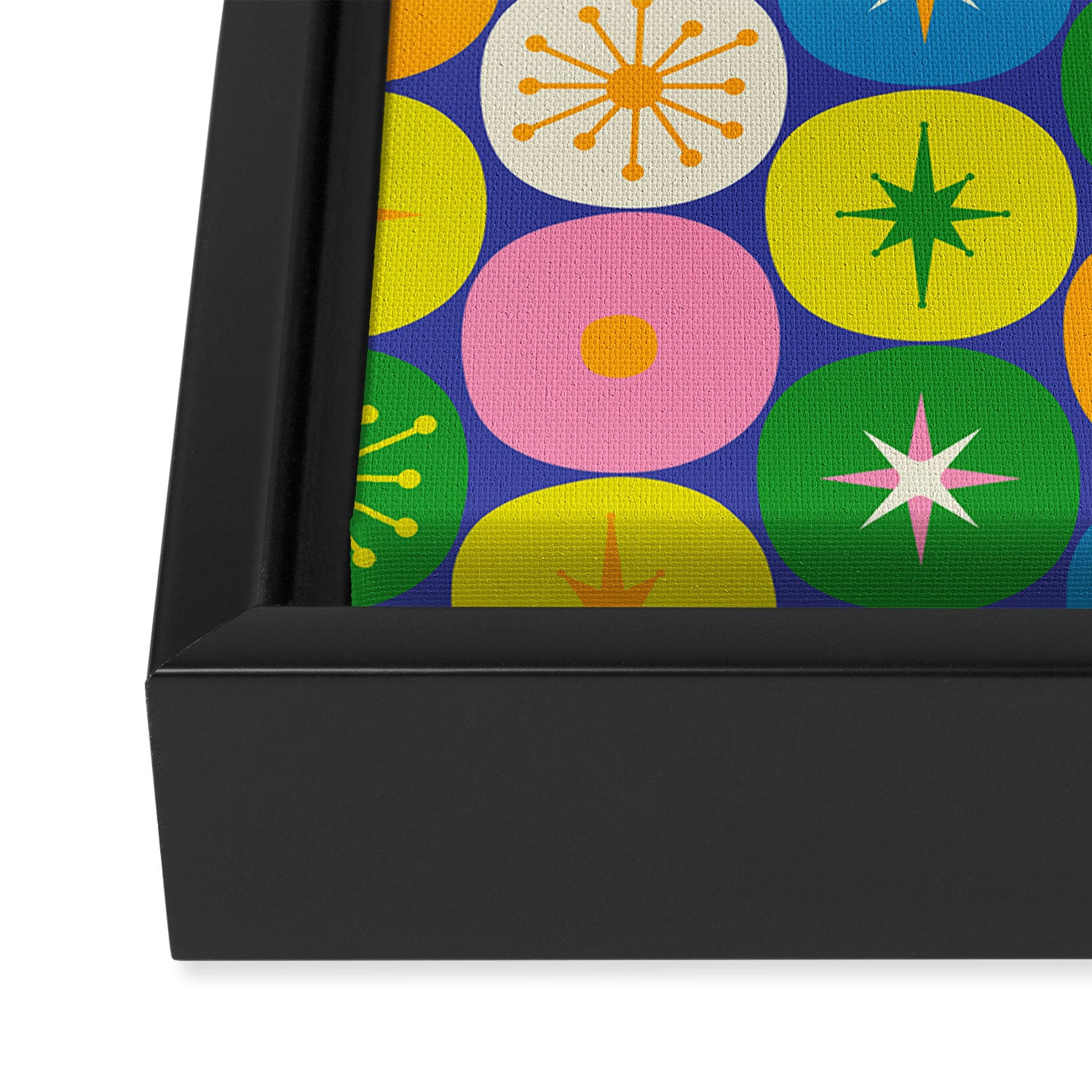 Mid Century Modern Atomic Future Colorful Modtastic Dots and Stars Pattern Framed Canvas Print Gallery Image 3