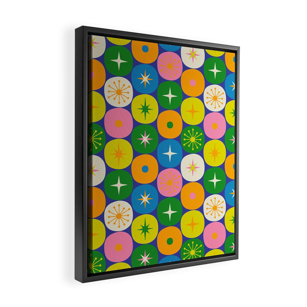 Mid Century Modern Atomic Future Colorful Modtastic Dots and Stars Pattern Framed Canvas Print Gallery Image 2