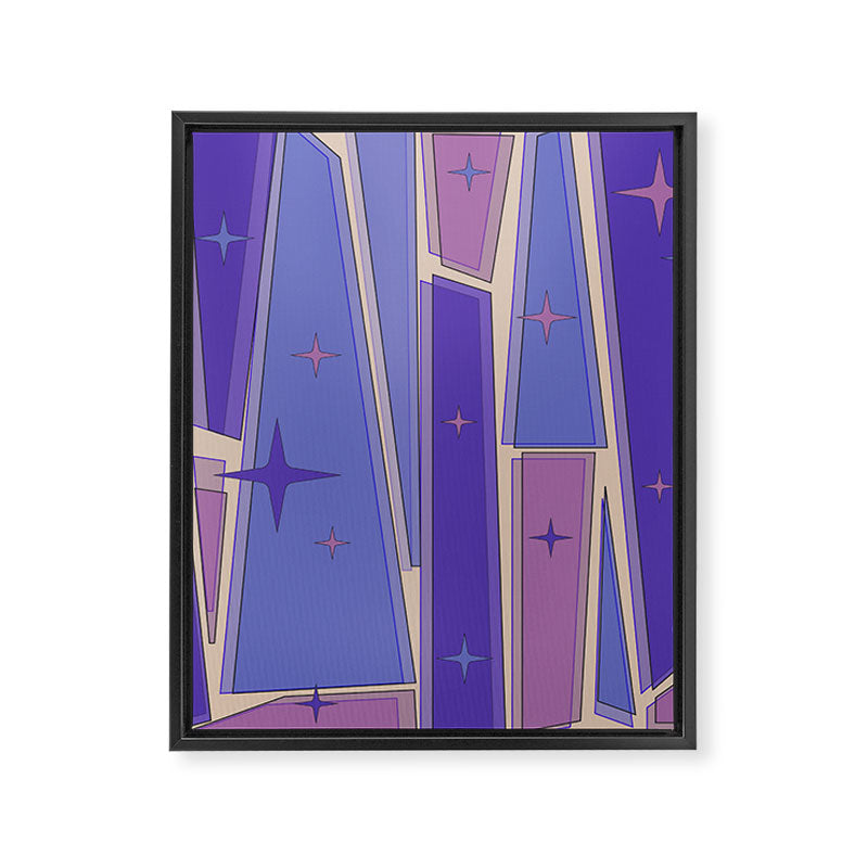 Mid Century Modern Atomic Purple Stained Glass and Stars Abstract Framed Canvas Print Gallery Image 8