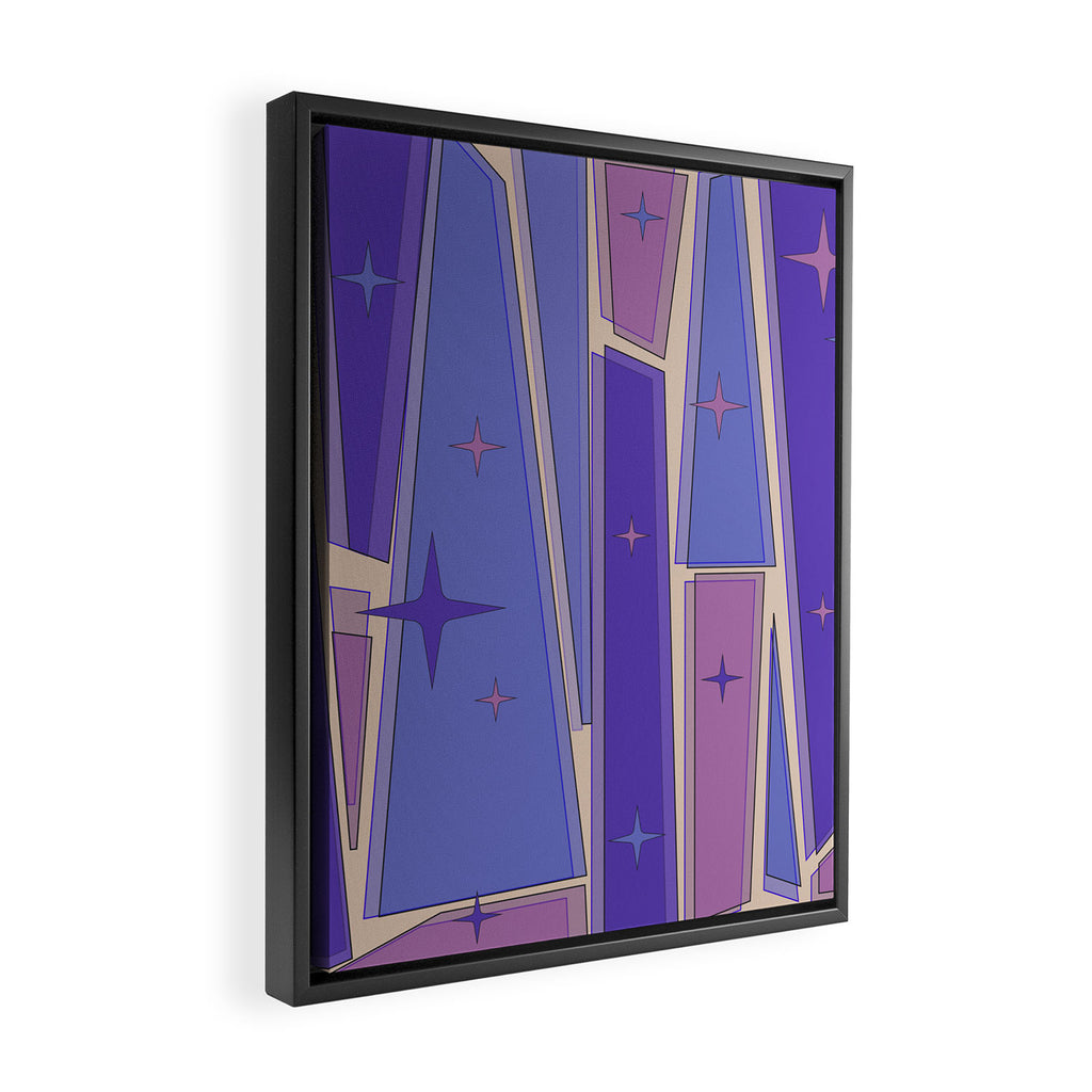 Mid Century Modern Atomic Purple Stained Glass and Stars Abstract Framed Canvas Print Gallery Image 2