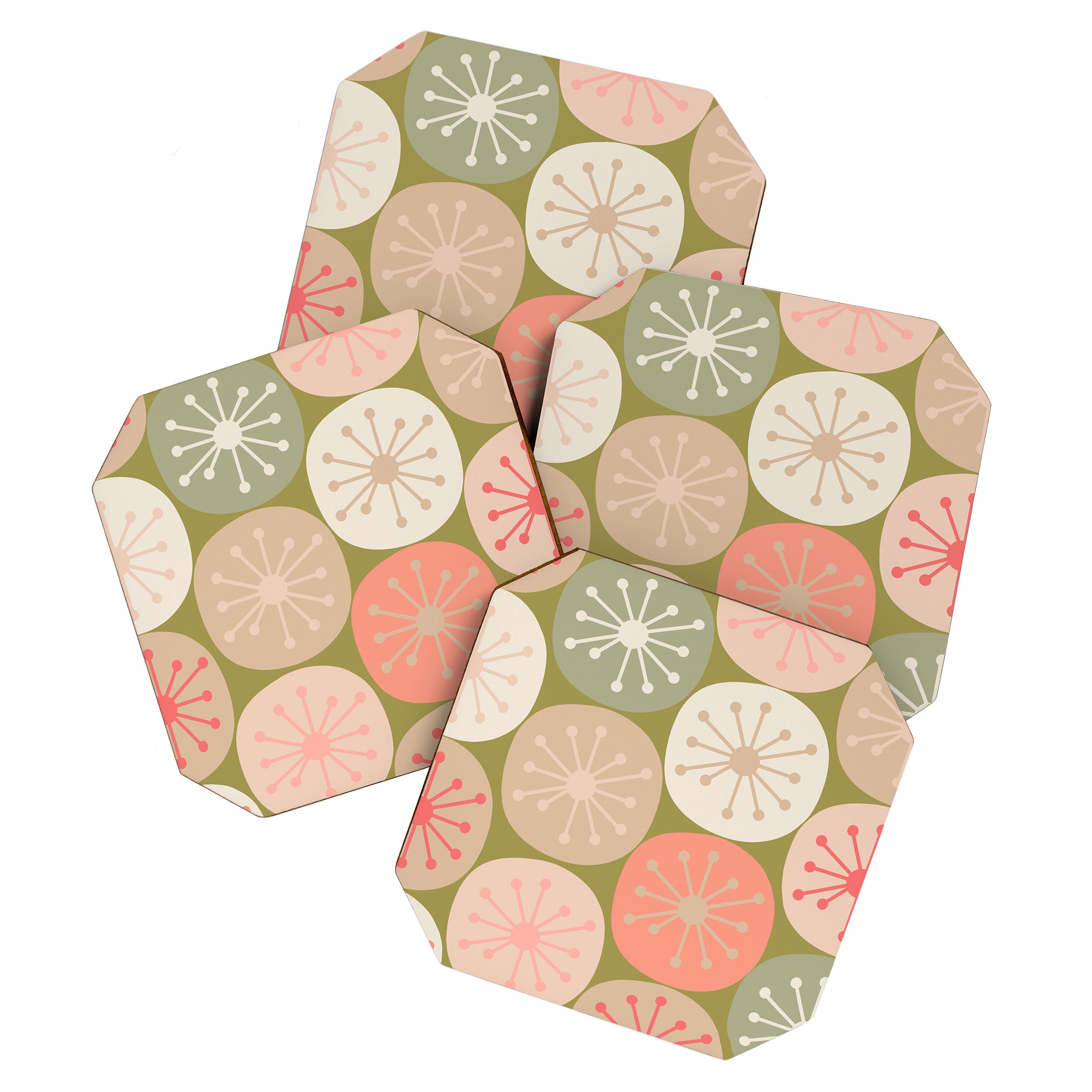 Mid Century Modern Atomic Retro Dots Pattern in Vintage Olive Green and Blush Pink Coaster Gallery Image 1
