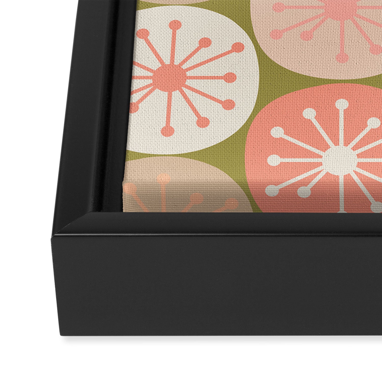 Mid Century Modern Atomic Retro Dots Pattern in Vintage Olive Green and Blush Pink Framed Canvas Print Gallery Image 3