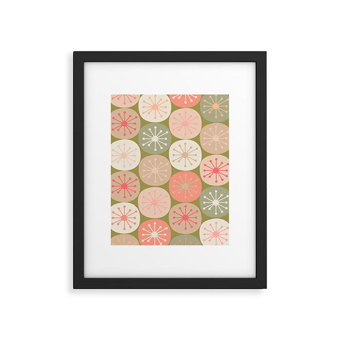Mid Century Modern Atomic Retro Dots Pattern in Vintage Olive Green and Blush Pink Framed Art Print Gallery Image 1
