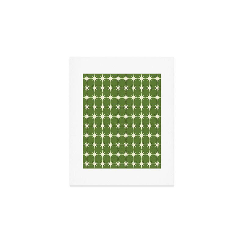 Mid Century Modern Atomic Starburst Grid Retro Christmas Green and Cream Art Print Gallery Image 1