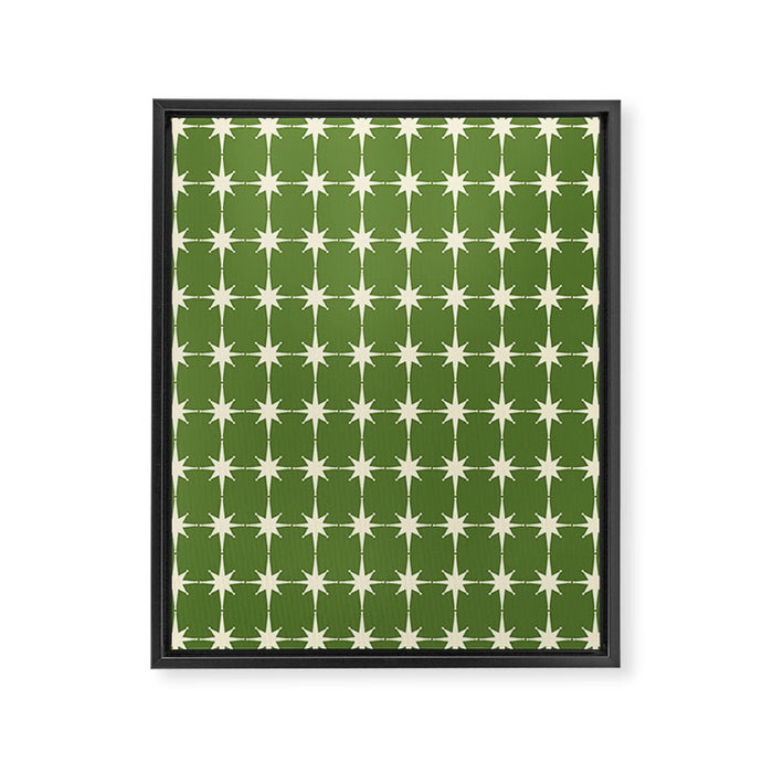 Mid Century Modern Atomic Starburst Grid Retro Christmas Green and Cream Framed Canvas Print Gallery Image 1
