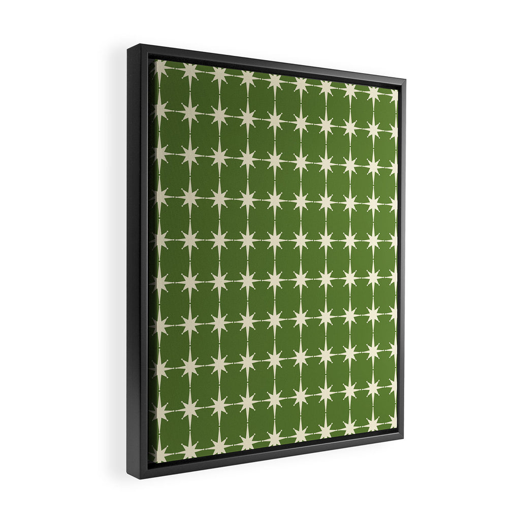 Mid Century Modern Atomic Starburst Grid Retro Christmas Green and Cream Framed Canvas Print Gallery Image 2