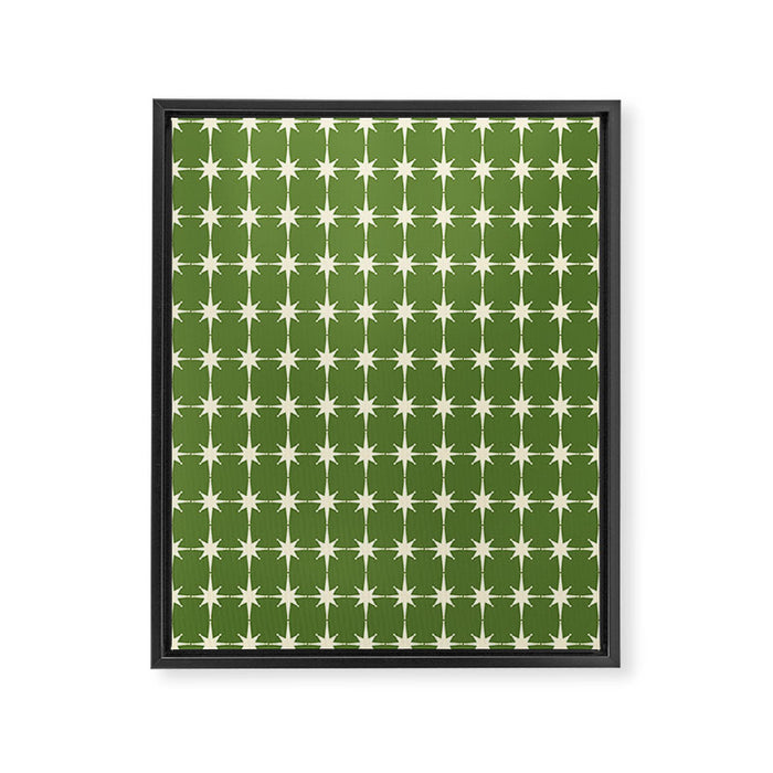 Mid Century Modern Atomic Starburst Grid Retro Christmas Olive Green and Cream Framed Canvas Print Gallery Image 1