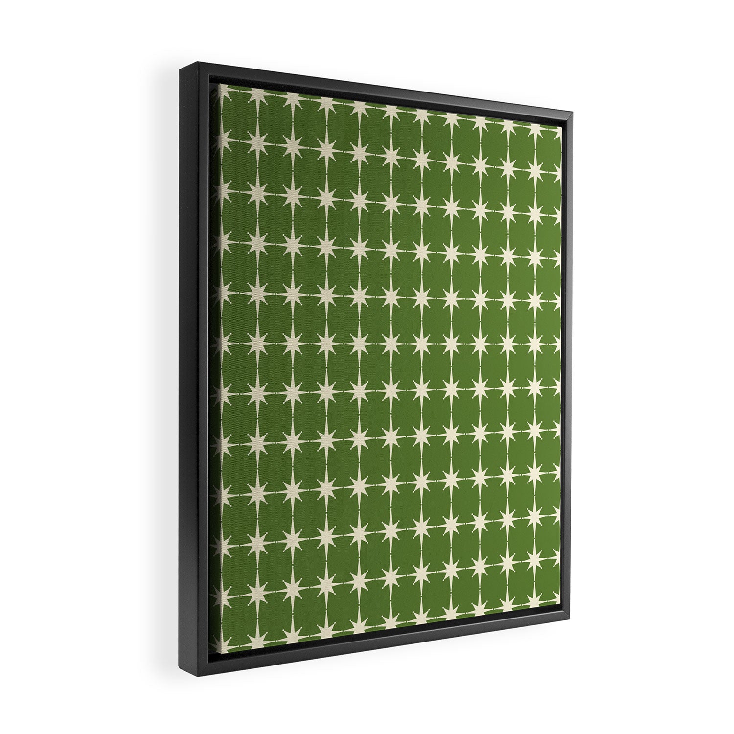 Mid Century Modern Atomic Starburst Grid Retro Christmas Olive Green and Cream Framed Canvas Print Gallery Image 2