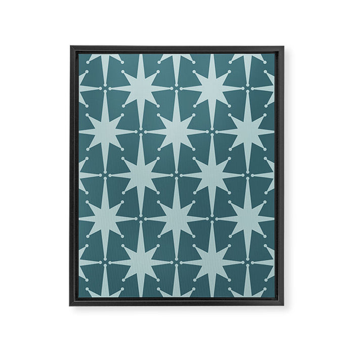 Mid Century Modern Atomic Starbursts Teal Celadon Small Pattern Framed Canvas Print Gallery Image 1