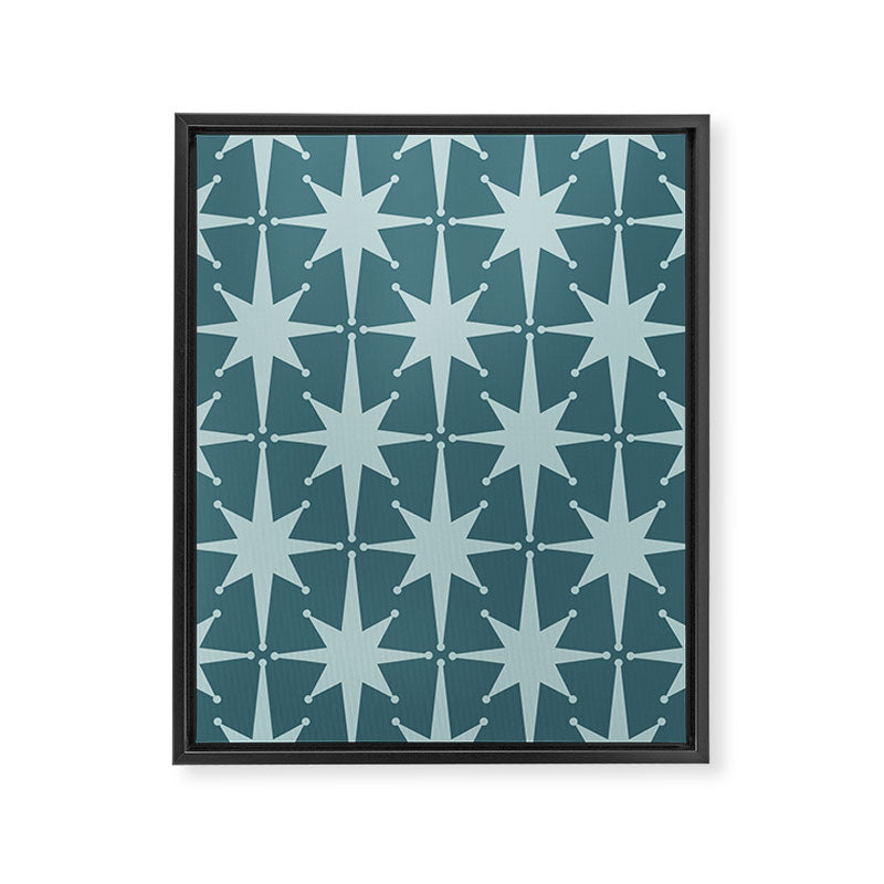 Mid Century Modern Atomic Starbursts Teal Celadon Small Pattern Framed Canvas Print Gallery Image 6