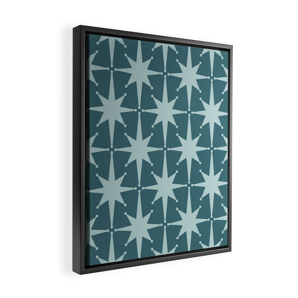 Mid Century Modern Atomic Starbursts Teal Celadon Small Pattern Framed Canvas Print Gallery Image 2