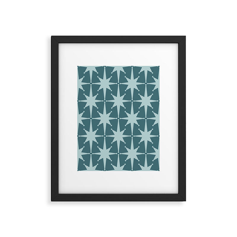 Mid Century Modern Atomic Starbursts Teal Celadon Small Pattern Framed Art Print Gallery Image 5
