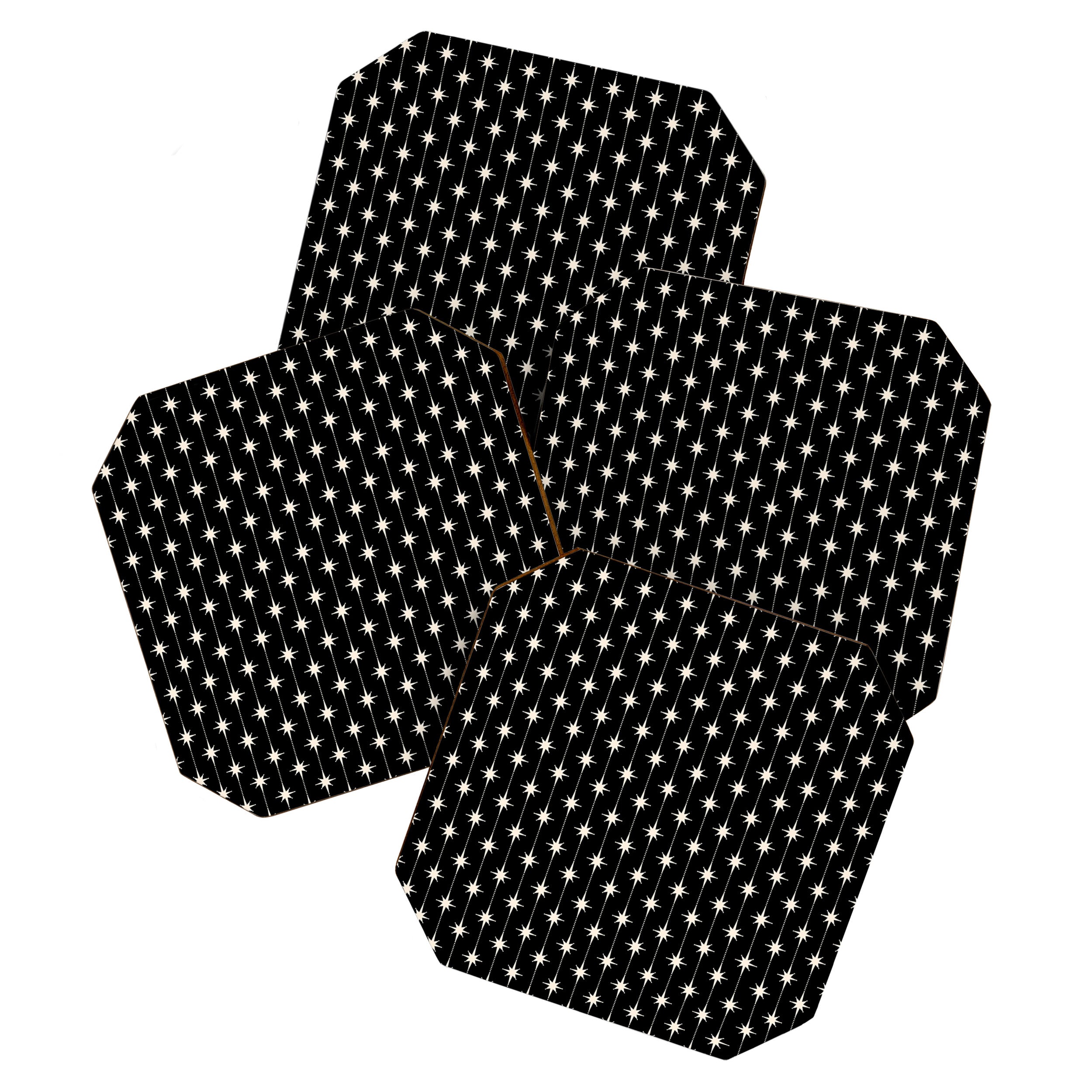 Mid Century Modern Atomic Stars and Dots Pattern in Black and Almond Cream Coaster Gallery Image 1