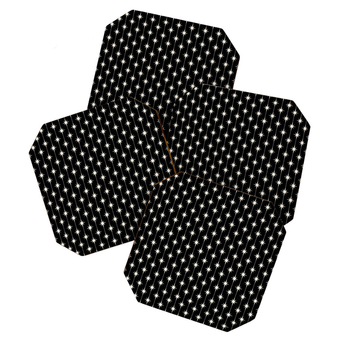Mid Century Modern Atomic Stars and Dots Pattern in Black and Almond Cream Coaster Gallery Image 1