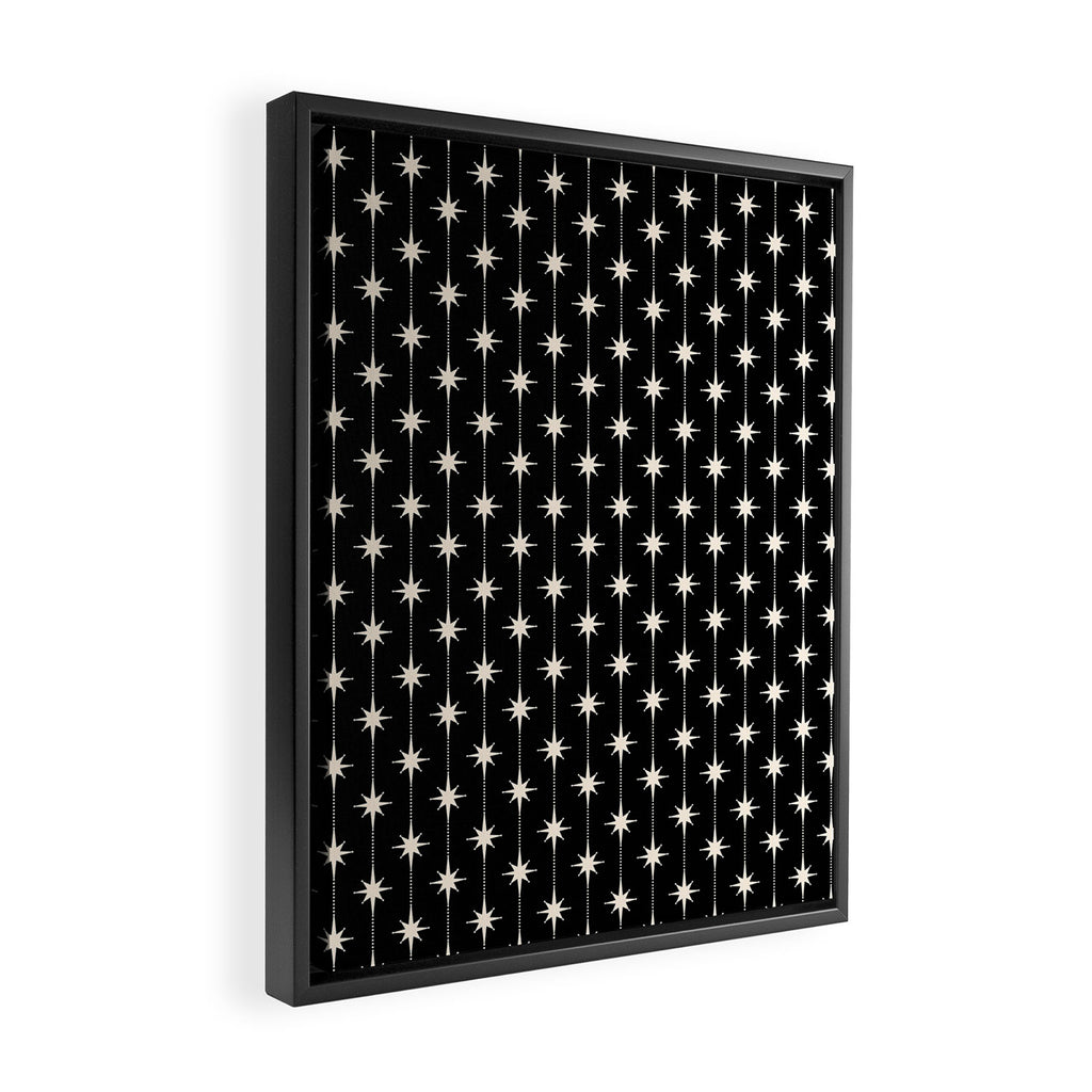 Mid Century Modern Atomic Stars and Dots Pattern in Black and Almond Cream Framed Canvas Print Gallery Image 2