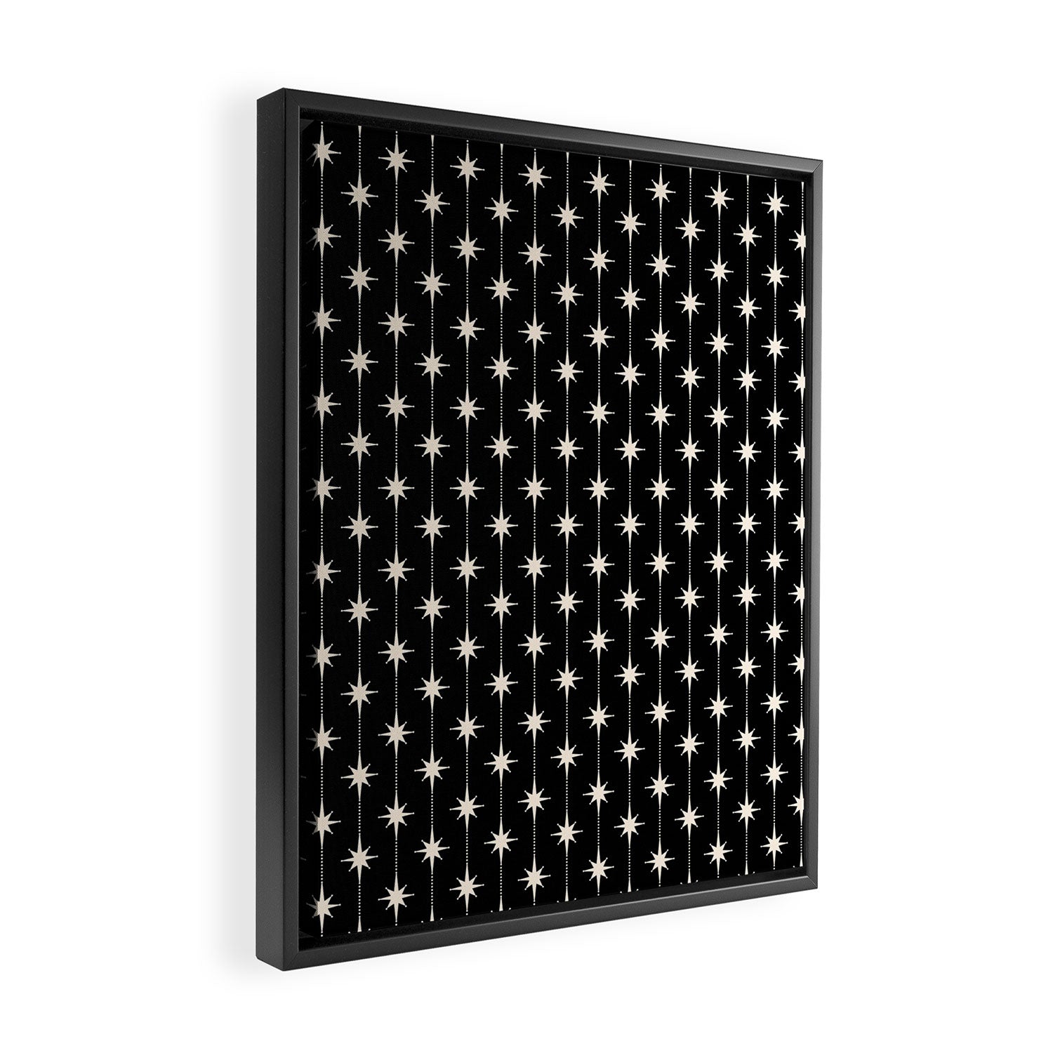 Mid Century Modern Atomic Stars and Dots Pattern in Black and Almond Cream Framed Canvas Print Gallery Image 2