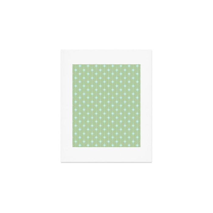 Mid Century Modern Atomic Stars and Dots Retro Pattern in Sage Green and Light Aqua Art Print Gallery Image 1