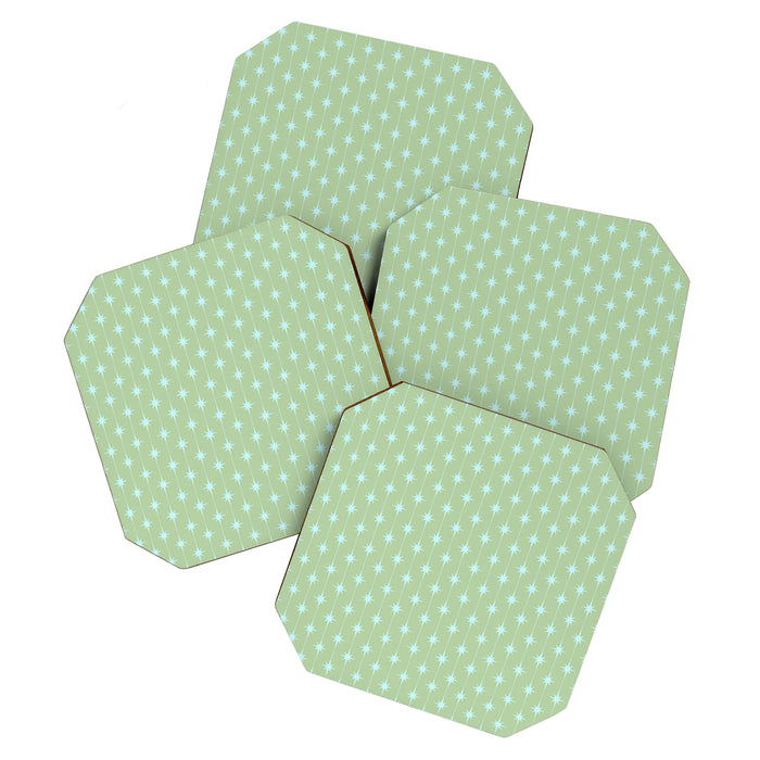Mid Century Modern Atomic Stars and Dots Retro Pattern in Sage Green and Light Aqua Coaster Gallery Image 1