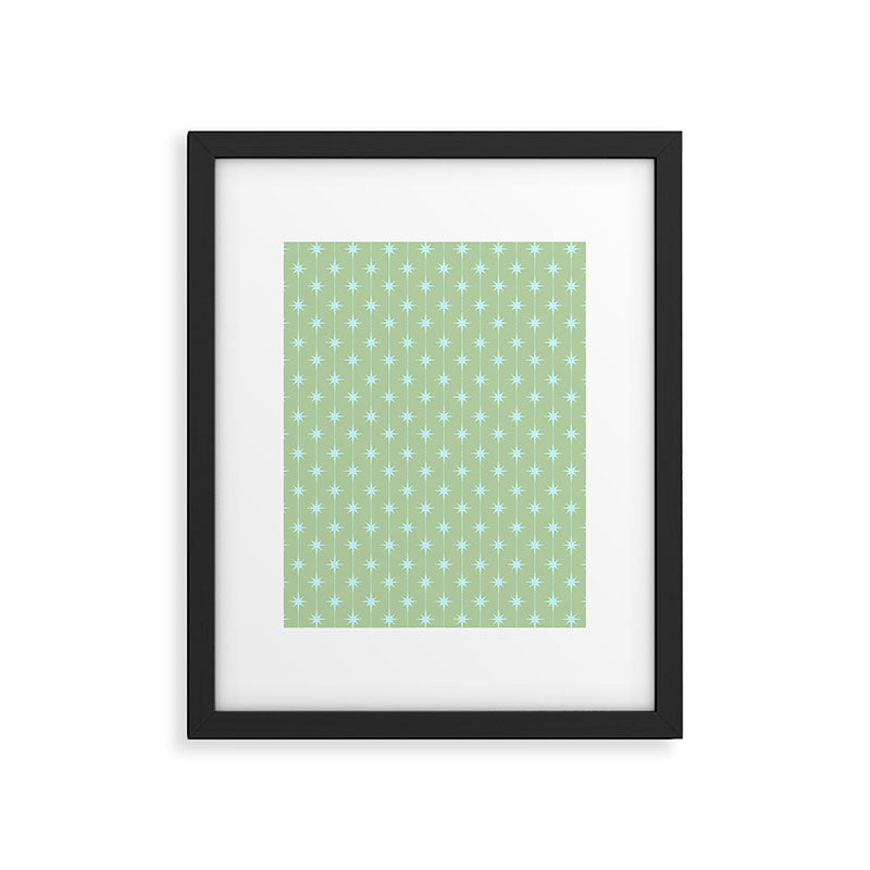Mid Century Modern Atomic Stars and Dots Retro Pattern in Sage Green and Light Aqua Framed Art Print Gallery Image 6