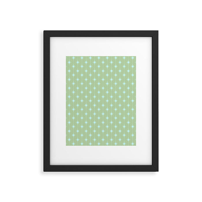 Mid Century Modern Atomic Stars and Dots Retro Pattern in Sage Green and Light Aqua Framed Art Print Gallery Image 1