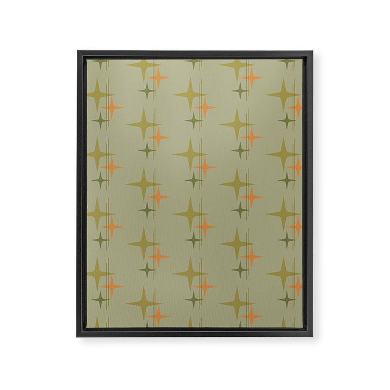 Mid Century Modern Atomic Stars and Lines Olive Green and Cantaloupe Orange Pattern Framed Canvas Print Gallery Image 8