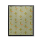 Mid Century Modern Atomic Stars and Lines Olive Green and Cantaloupe Orange Pattern Framed Canvas Print Gallery Image 8