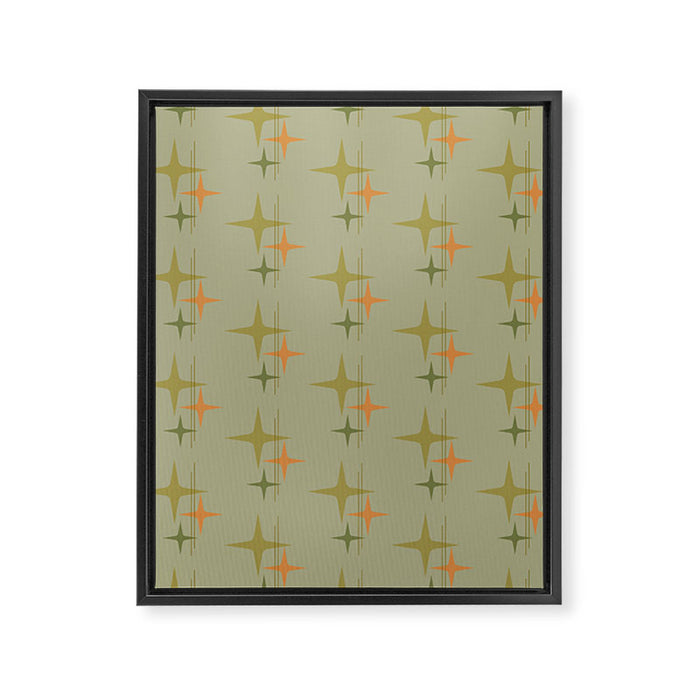 Mid Century Modern Atomic Stars and Lines Olive Green and Cantaloupe Orange Pattern Framed Canvas Print Gallery Image 1