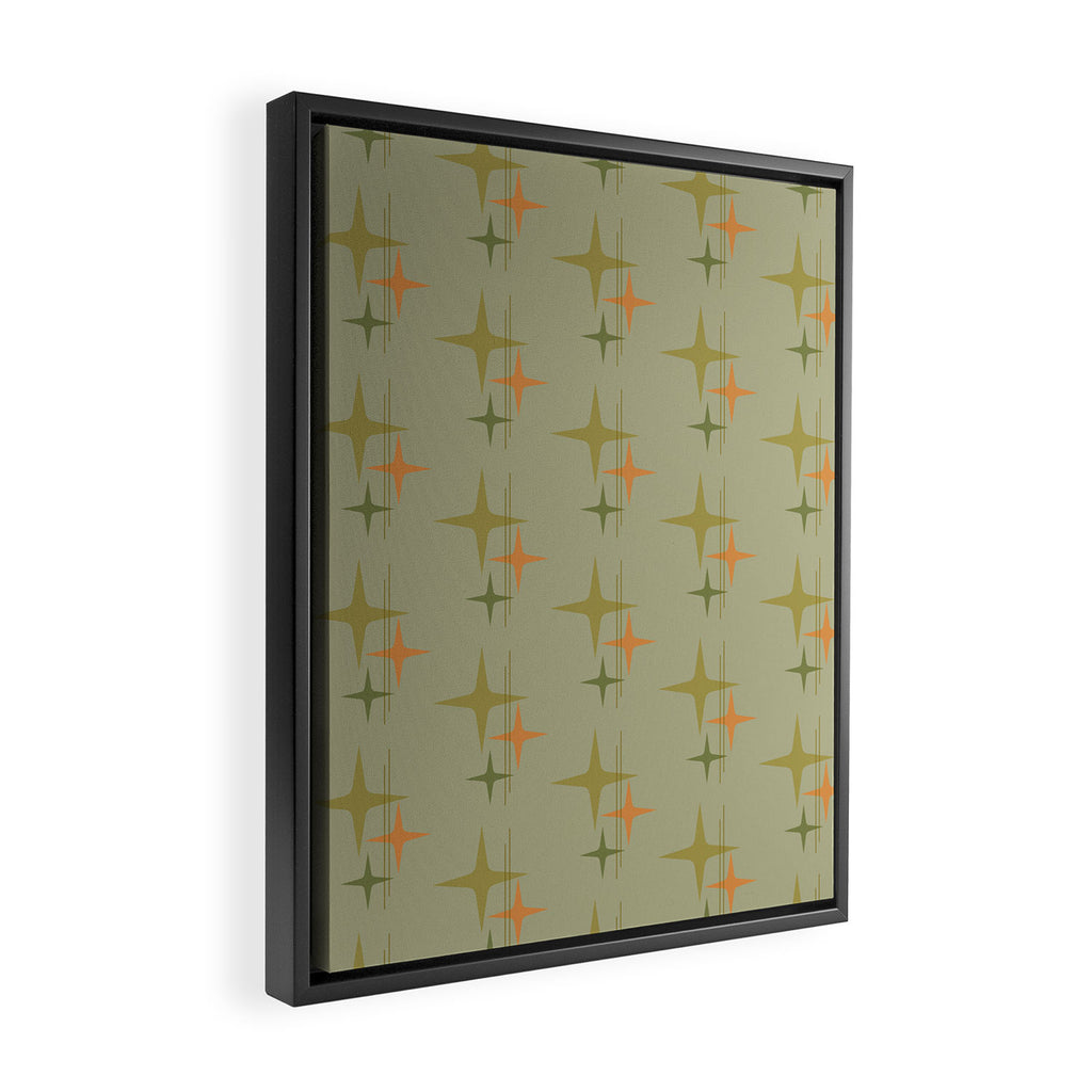 Mid Century Modern Atomic Stars and Lines Olive Green and Cantaloupe Orange Pattern Framed Canvas Print Gallery Image 2
