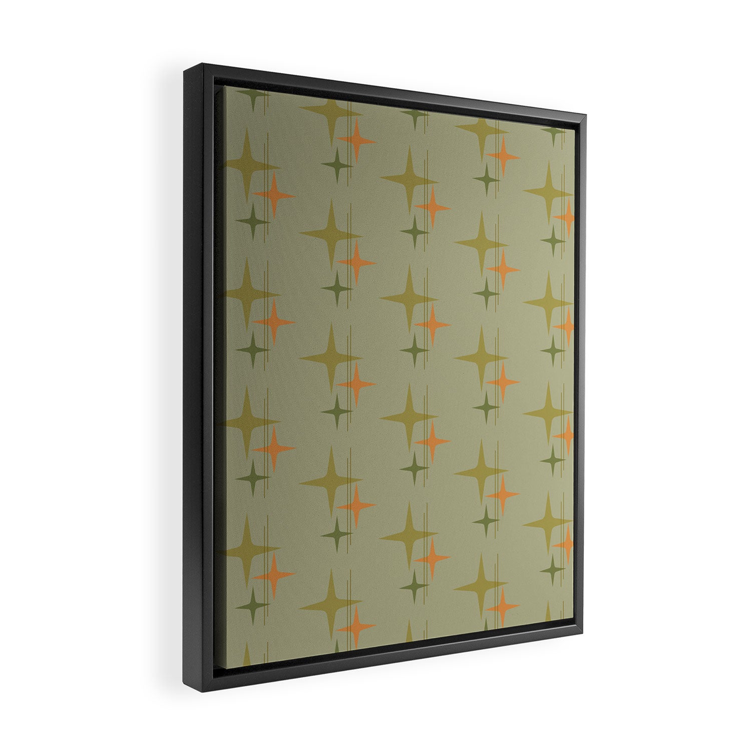 Mid Century Modern Atomic Stars and Lines Olive Green and Cantaloupe Orange Pattern Framed Canvas Print Gallery Image 2