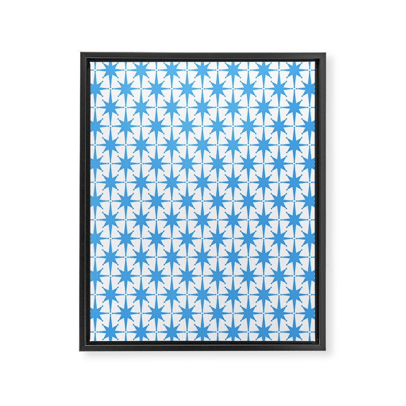 Mid Century Modern Atomic Stars Blue and White Pattern Framed Canvas Print Gallery Image 6