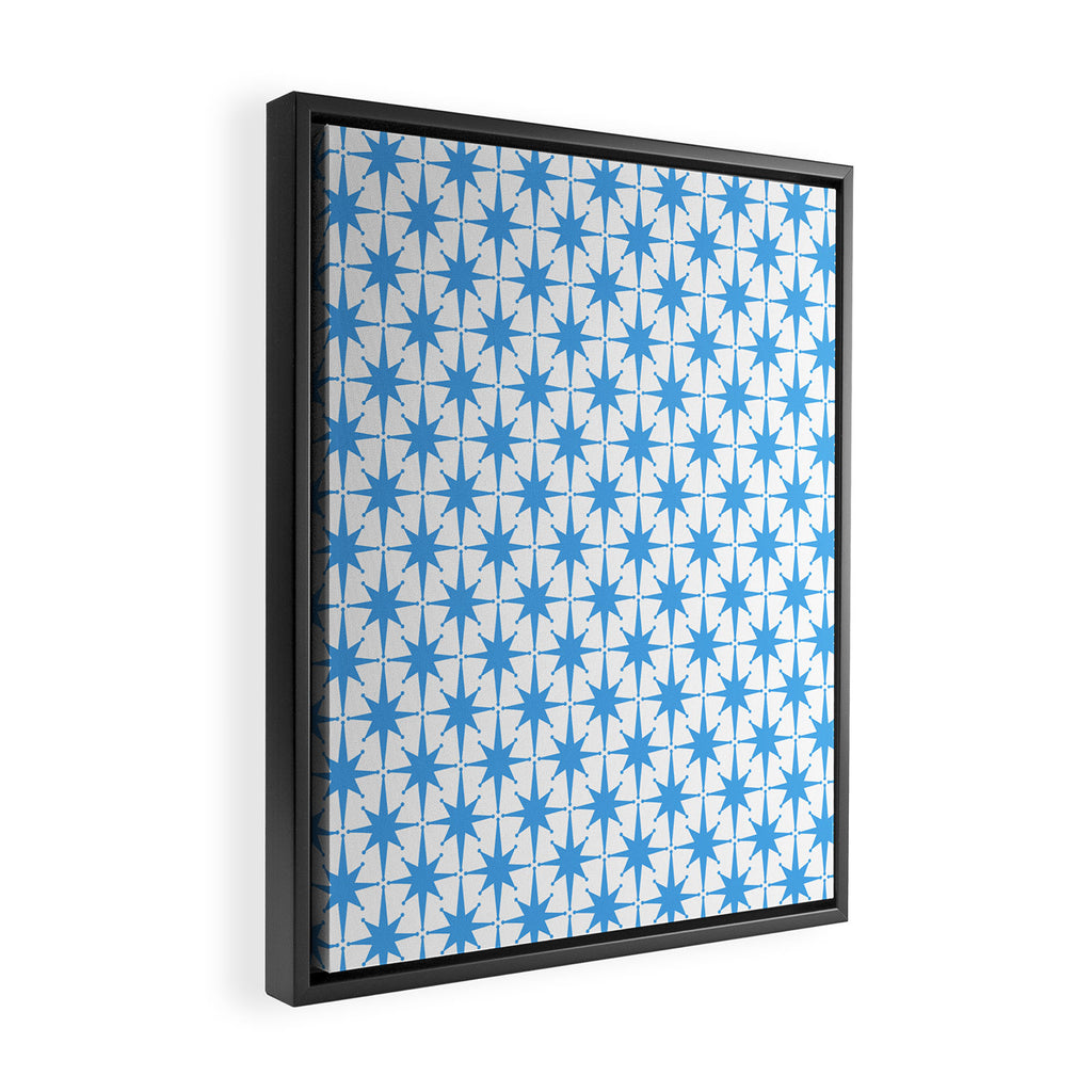 Mid Century Modern Atomic Stars Blue and White Pattern Framed Canvas Print Gallery Image 2