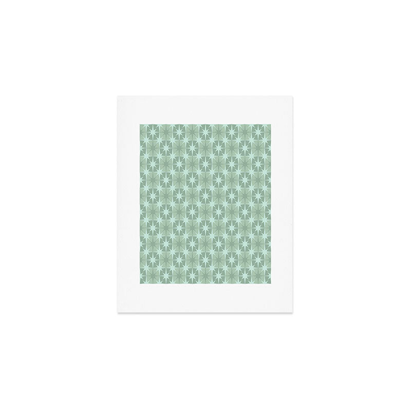 Mid Century Modern Atomic Stars Checkered Starburst Pattern in Retro Sea Glass Green Tone Art Print Gallery Image 1