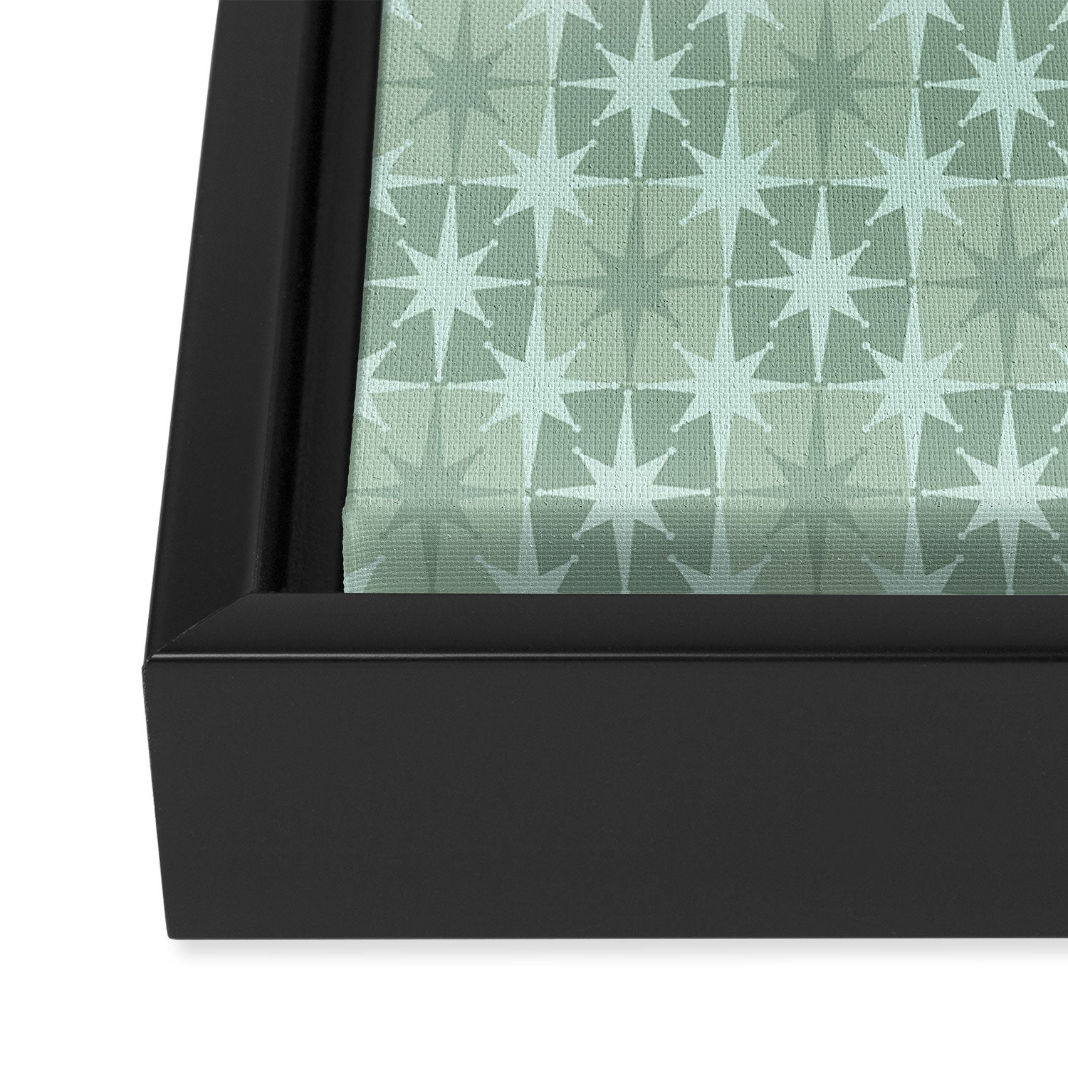 Mid Century Modern Atomic Stars Checkered Starburst Pattern in Retro Sea Glass Green Tone Framed Canvas Print Gallery Image 3
