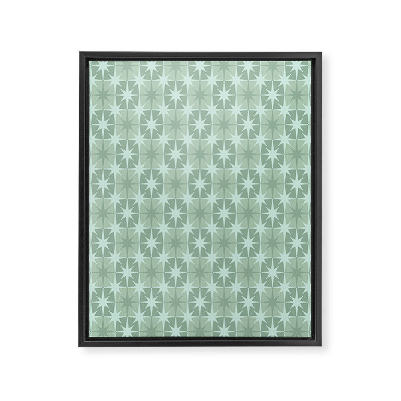 Mid Century Modern Atomic Stars Checkered Starburst Pattern in Retro Sea Glass Green Tone Framed Canvas Print Gallery Image 6