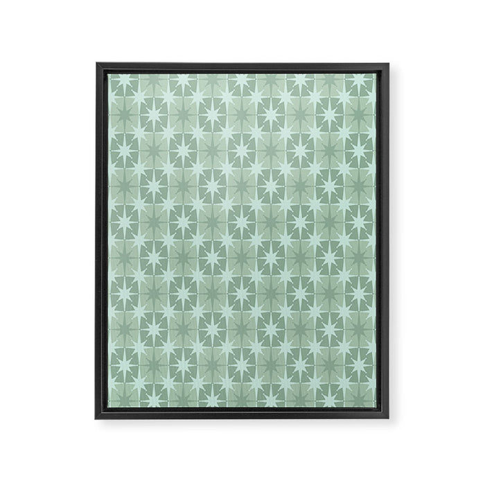Mid Century Modern Atomic Stars Checkered Starburst Pattern in Retro Sea Glass Green Tone Framed Canvas Print Gallery Image 1
