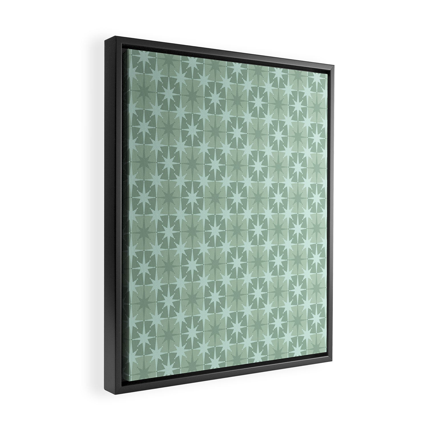 Mid Century Modern Atomic Stars Checkered Starburst Pattern in Retro Sea Glass Green Tone Framed Canvas Print Gallery Image 2