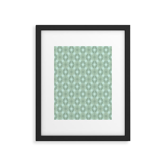 Mid Century Modern Atomic Stars Checkered Starburst Pattern in Retro Sea Glass Green Tone Framed Art Print Gallery Image 1