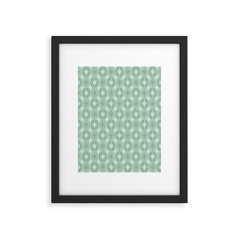 Mid Century Modern Atomic Stars Checkered Starburst Pattern in Retro Sea Glass Green Tone Framed Art Print Gallery Image 5